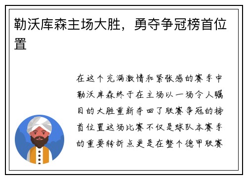 勒沃库森主场大胜，勇夺争冠榜首位置