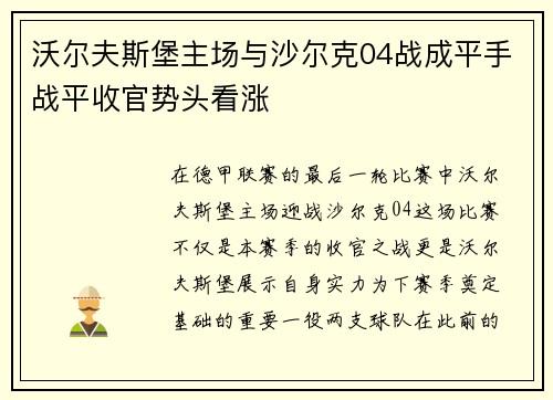 沃尔夫斯堡主场与沙尔克04战成平手战平收官势头看涨